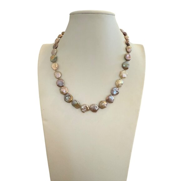 Keshi  Baroque Coin Pearls necklace Peacock Lavender Sterling Silver 9" Drop 18 - Picture 1 of 12